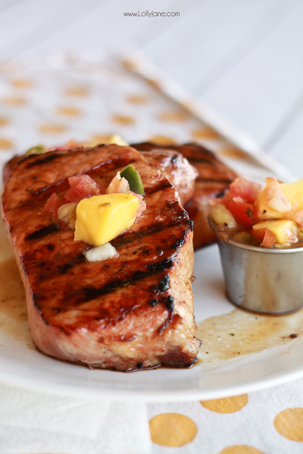 Grilled Pork Chops with Pineapple-Mango Salsa (and brown sugar glaze.) YUM! | lollyjane.com