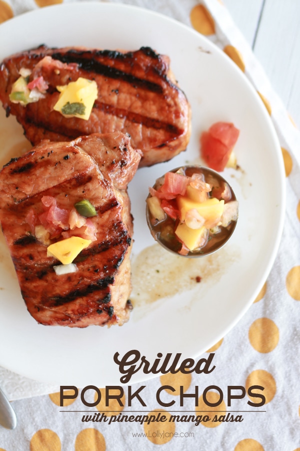 Grilled Pork Chops with Pineapple-Mango Salsa (and brown sugar glaze.) YUM! | lollyjane.com