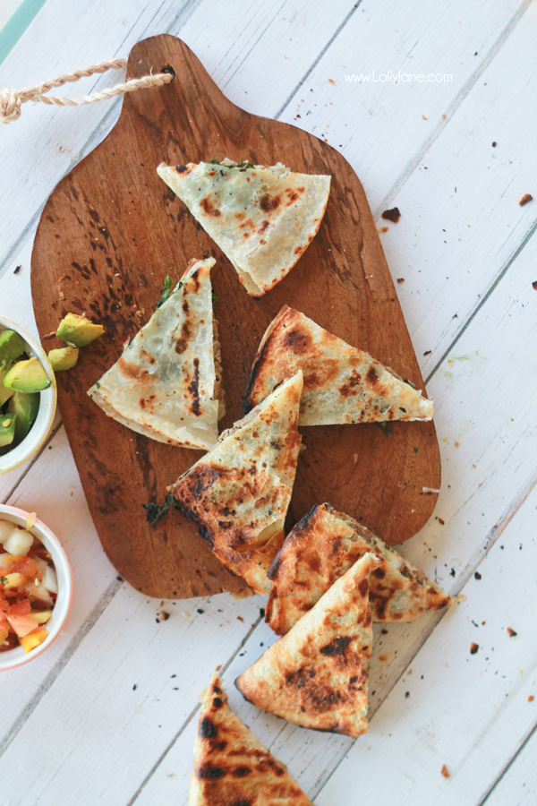 Grilled Steak and Cheese Quesadillas (with pineapple mango salsa) via lollyjane.com