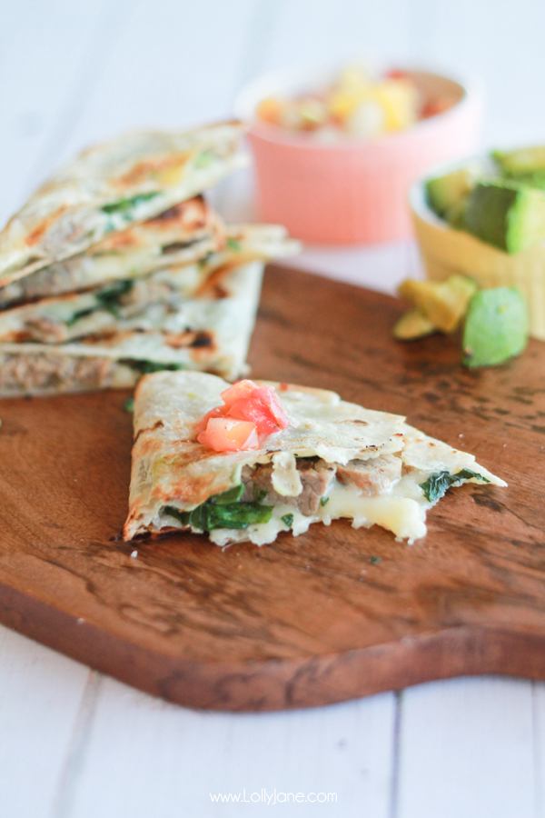 Grilled Steak and Cheese Quesadillas (with pineapple mango salsa) via lollyjane.com