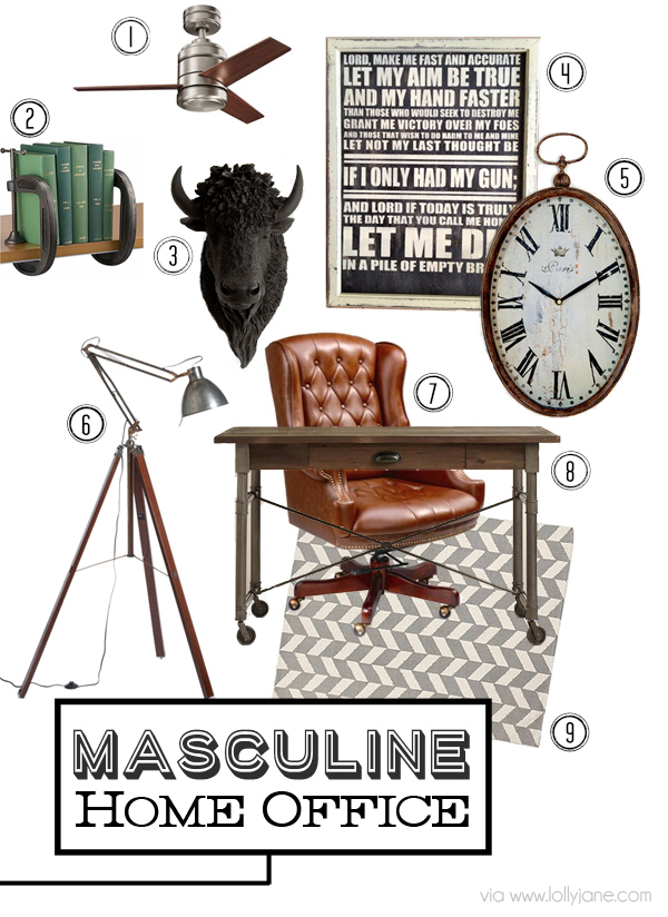 Awesome mood board for Masculine Home Office ideas via lollyjane.com