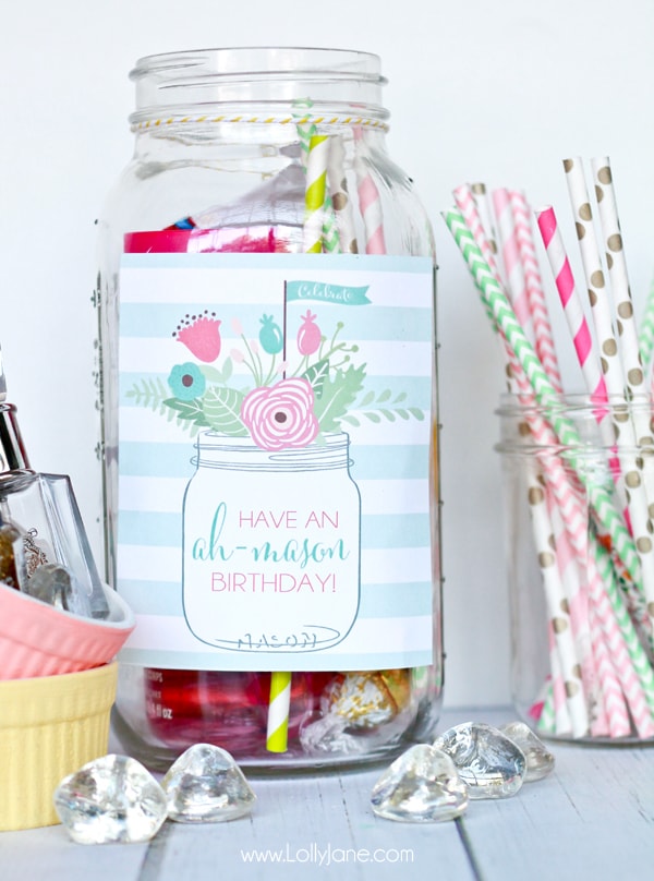 Cute! "Ah-mason" birthday tags to tie onto mason jar for easy birthday gift. Fill with treats or goodies! 