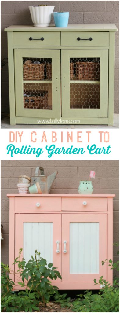 Quick DIY cabinet to rolling garden cart. Love the coral color!