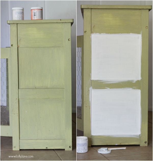 Painted green cabinet, check out the after on lollyjane.com