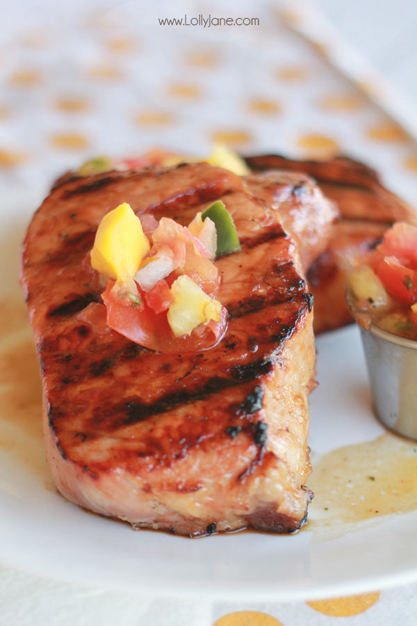 Grilled Pork Chops with Pineapple-Mango Salsa (and brown sugar glaze.) YUM! | lollyjane.com