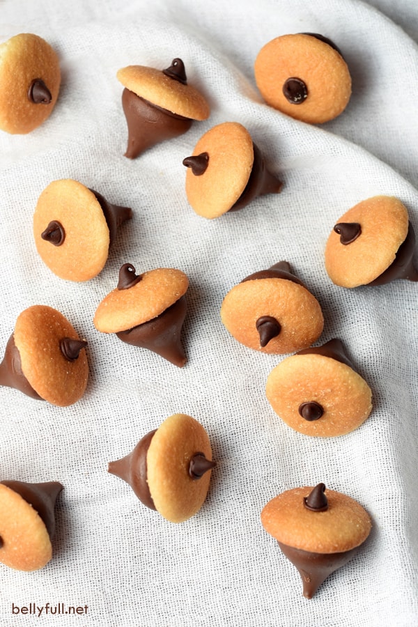 Cute! Chocolate Acorn Treats are the easiest fall or Thanksgiving treat! Made with Hershey’s Kisses, mini Nilla wafer cookies and semisweet chocolate chips, these couldn’t be easier to make! #candyacorns #acorndessert #acorntreat #fallrecipe #falldessert