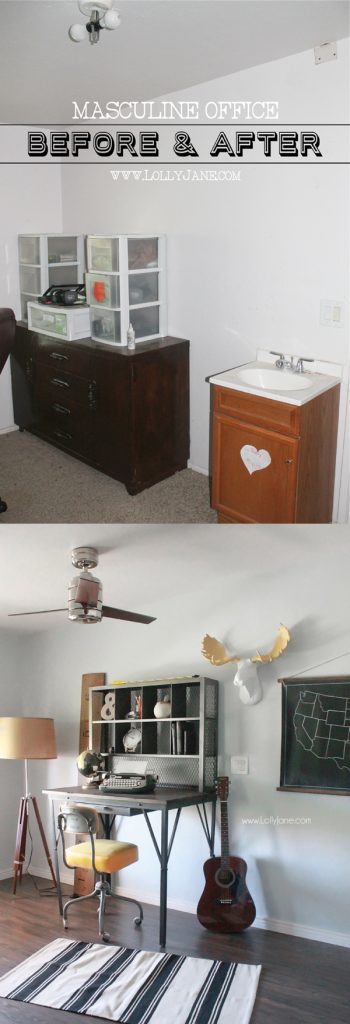 Industrial man cave home office. Love the modern ceiling fan and that desk! Awesome space! 