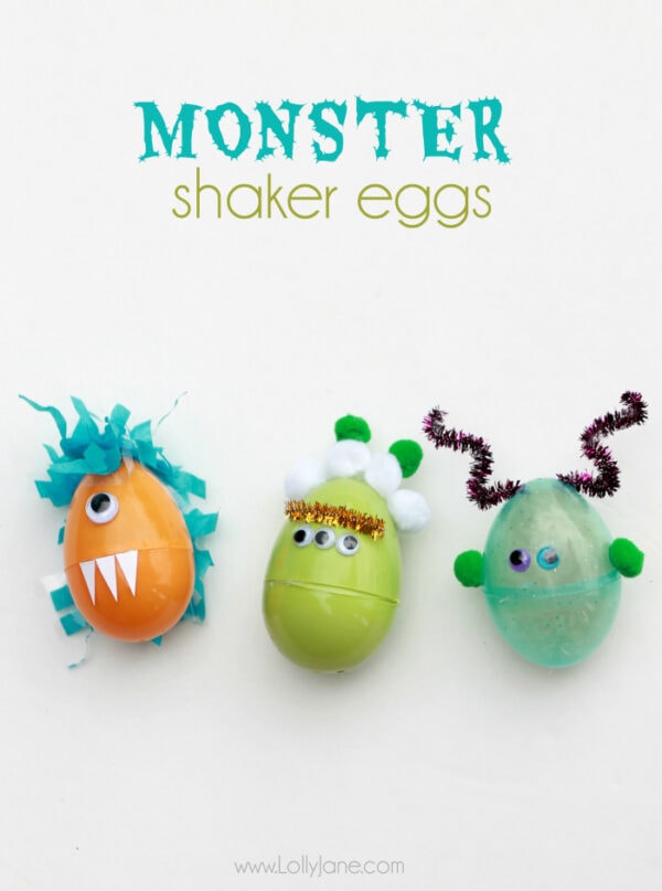 DIY Monster Shaker Eggs. Just fill with beans or rice and decorate, perfect for toddler play! via lollyjane.com