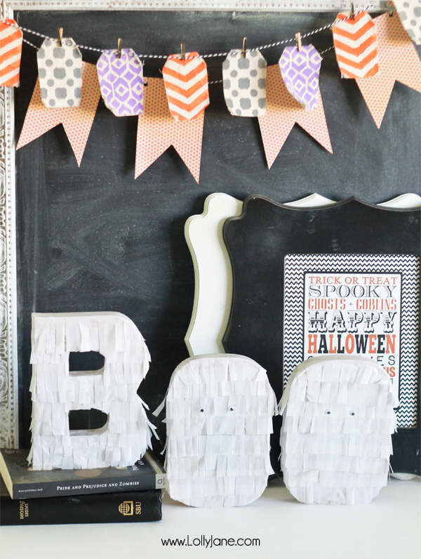 Easy Halloween decor DIY! Fringe BOO letters tutorial | via lollyjane.com