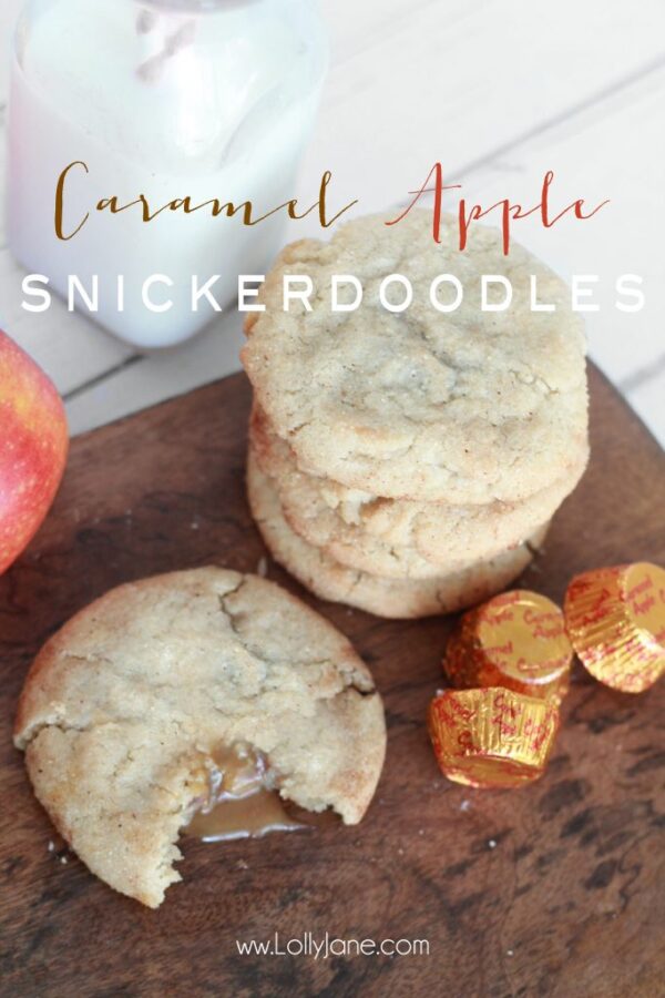 Caramel Apple Snickerdoodles. The taste of fall stuffed in a chewy snickerdoodle cookie, YUM! |lollyjane.com