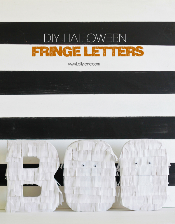 Easy Halloween decor DIY! Fringe BOO letters tutorial | via lollyjane.com