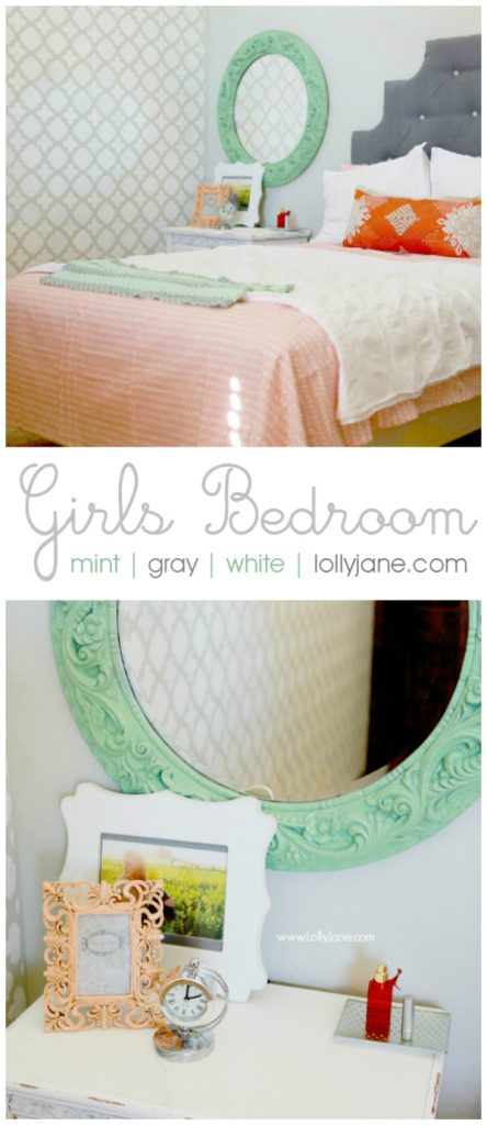 Pretty mint gray + white girls bedroom | lollyjane.com