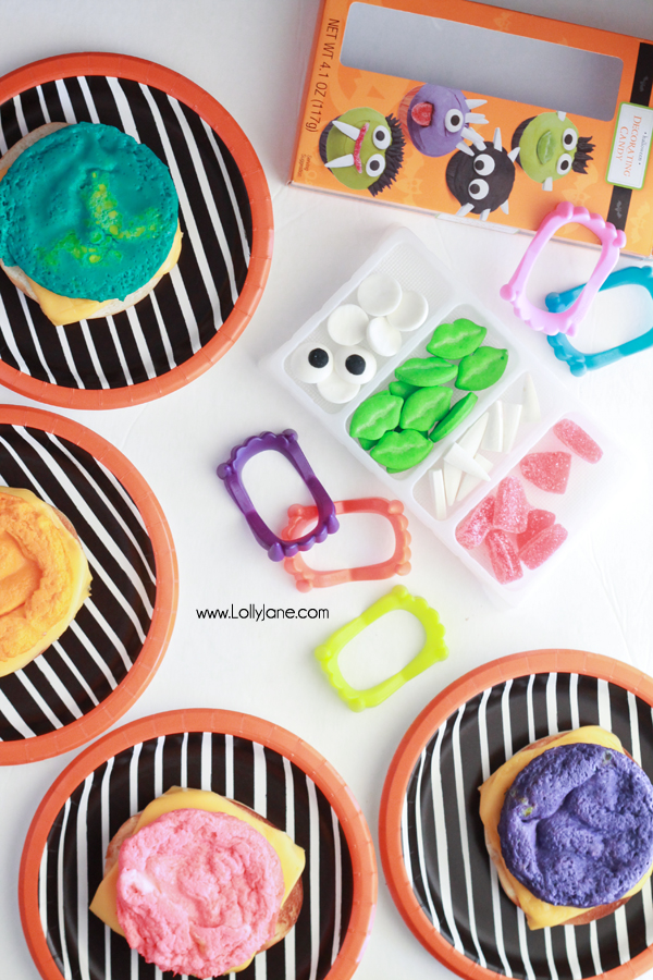 Monster Breakfast Bagel! Eggs inside are dyed bright colors + decorated like monsters- fun for a Halloween breakfast!