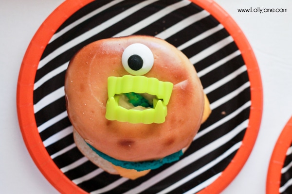 Monster Breakfast Bagel! Eggs inside are dyed bright colors + decorated like monsters- fun for a Halloween breakfast!