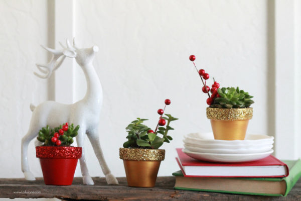 DIY glitter succulents | Easy Christmas decor idea, painted pots with glitter tops. 