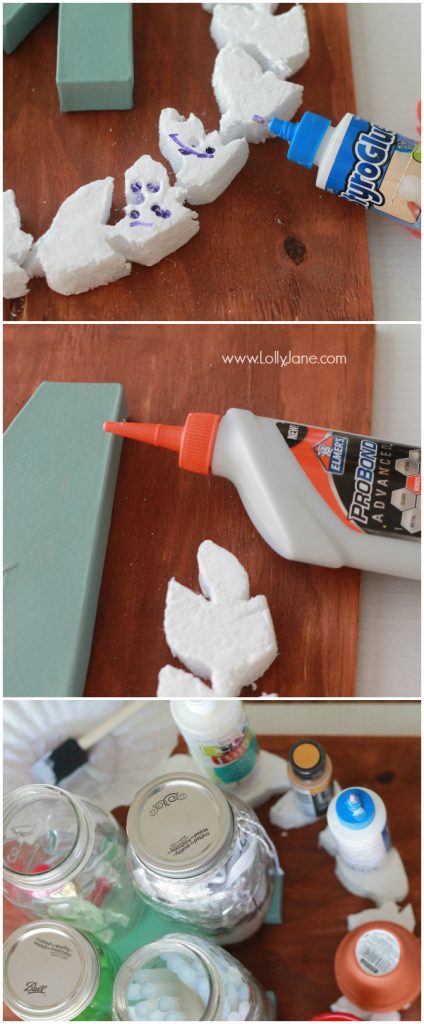 DIY project |Make this pretty monogram sign out of a surprise material: foam! Cute home decor that's easy to make!  So cute with mixed media felt flowers and coffee filter leaves. A great how-to on lollyjane.com