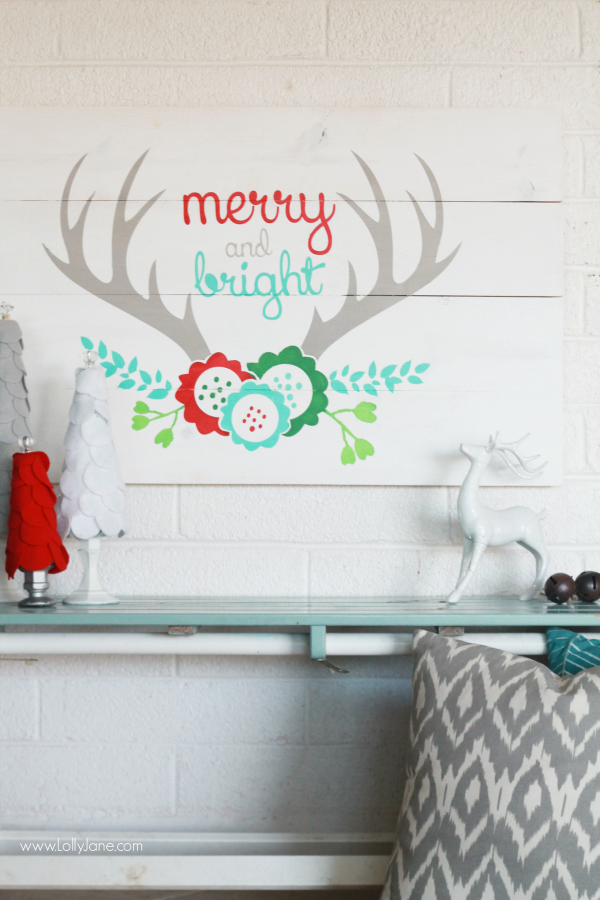 DIY | Easy way to build Merry and Bright antler Christmas pallet art using new wood, very cost effective for a huge sign! www.lollyjane.com