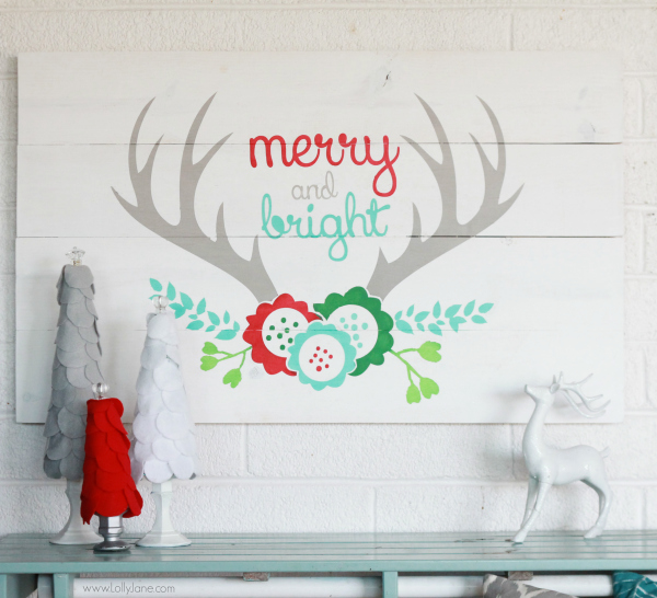 DIY | Easy way to build Merry and Bright antler Christmas pallet art using new wood, very cost effective for a huge sign! www.lollyjane.com