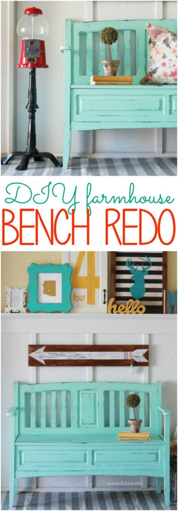 Gorgeous teal bench makeover!  See how easy it is to refinish old furniture to make it new again.| lollyjane.com