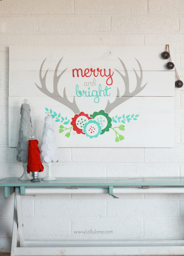 DIY | Easy way to build Merry and Bright antler Christmas pallet art using new wood, very cost effective for a huge sign! www.lollyjane.com
