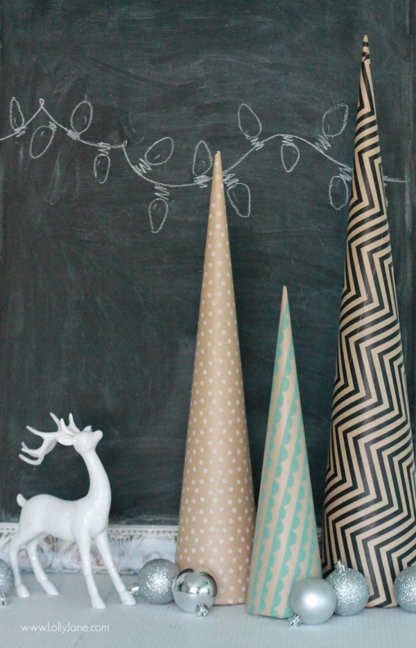 Fun Christmas decor: paper wrapped foam cones! Cute paper Christmas trees, cover in any pattern you prefer to spruce up your holiday decor!