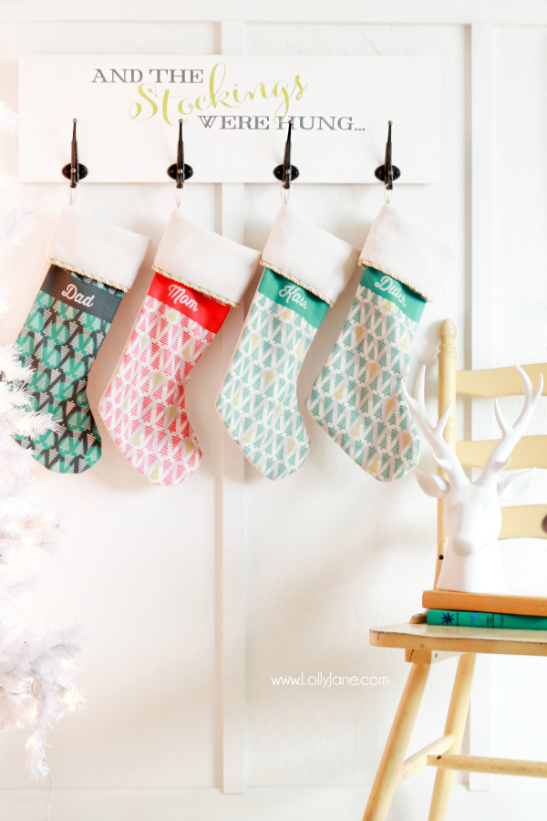 Easy DIY Christmas Stocking Holder Board, perfect for fireplace mantle-less spaces! 