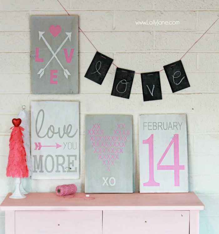 Pretty hand painted Valentine's Day signs via lollyjane.com