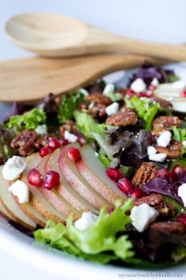 Sweet & Spicy Pecan and Pear Salad... complete with pomegranate seeds and feta cheese. The PERFECT healthy but filling salad to get you back into shape!