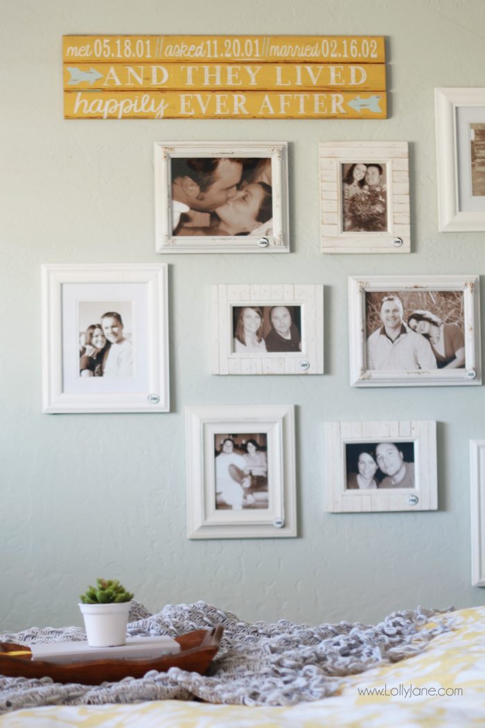 This is such a fun idea! Add a picture in your master bedroom for every year you've been together. Bonus: add the year on each frame. So fun to look back through all the years and how much you've changed in one place. Love this annual couple gallery wall idea!