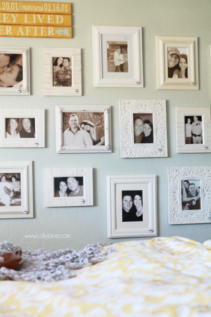 This is such a fun idea! Add a picture in your master bedroom for every year you've been together. Bonus: add the year on each frame. So fun to look back through all the years and how much you've changed in one place. Love this yearly couple gallery wall idea!
