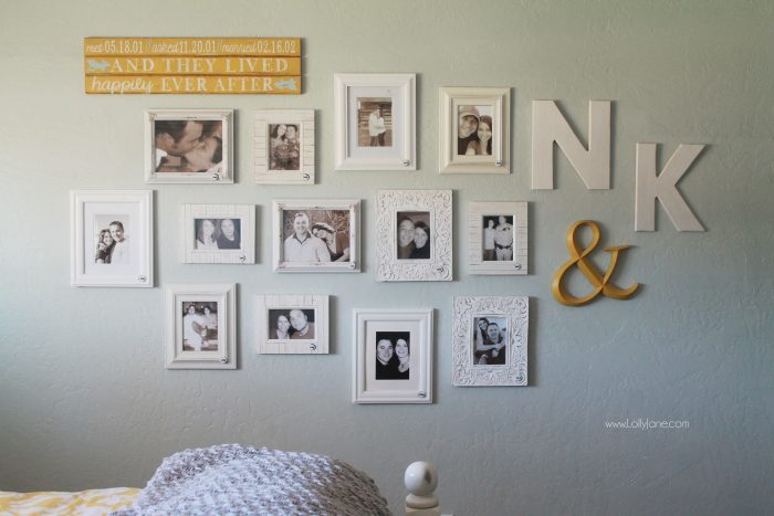 This is such a fun idea! Add a picture in your master bedroom for every year you've been together. Bonus: add the year on each frame. So fun to look back through all the years and how much you've changed in one place. Love this yearly couple gallery wall idea!