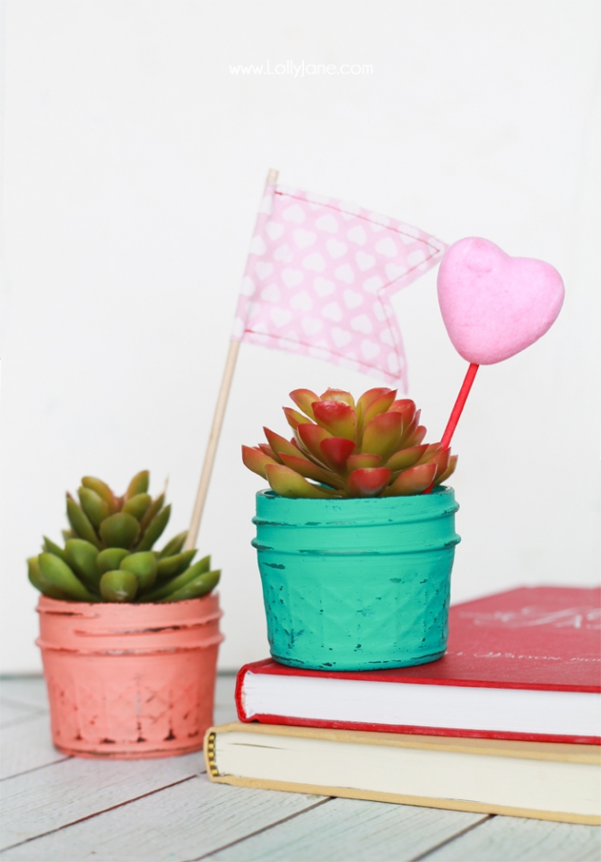 DIY Painted Planted Plastic Succulents... add a heart pick for a quick + easy teacher gift for Valentine