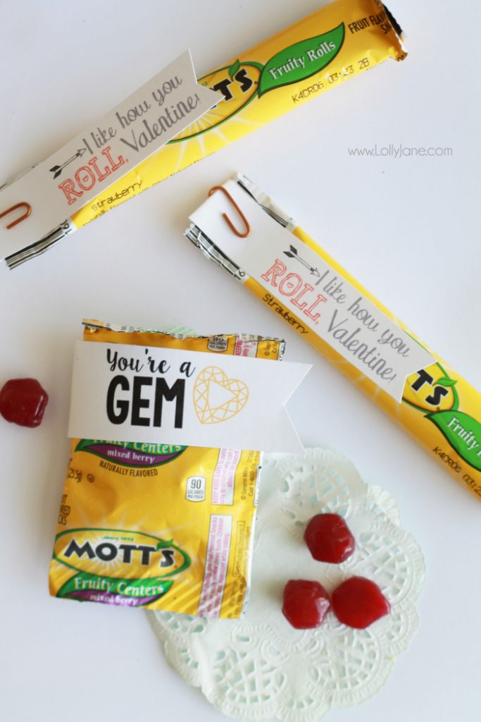 Looking for a no-candy Valentine idea? These are sweet but not as sugary as candy, yummy fruit snacks + fruit roll ups with FREE printable tags! What a fun Valentine's Day treat idea! You're a GEM and I like how you ROLL, cute!