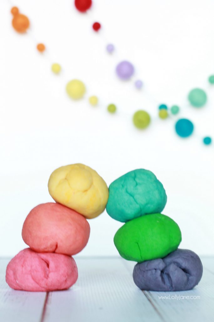Easy rainbow playdough recipe...only 4 ingredients, just heat and knead then add coloring. Great kids craft, keep kids busy for hours!