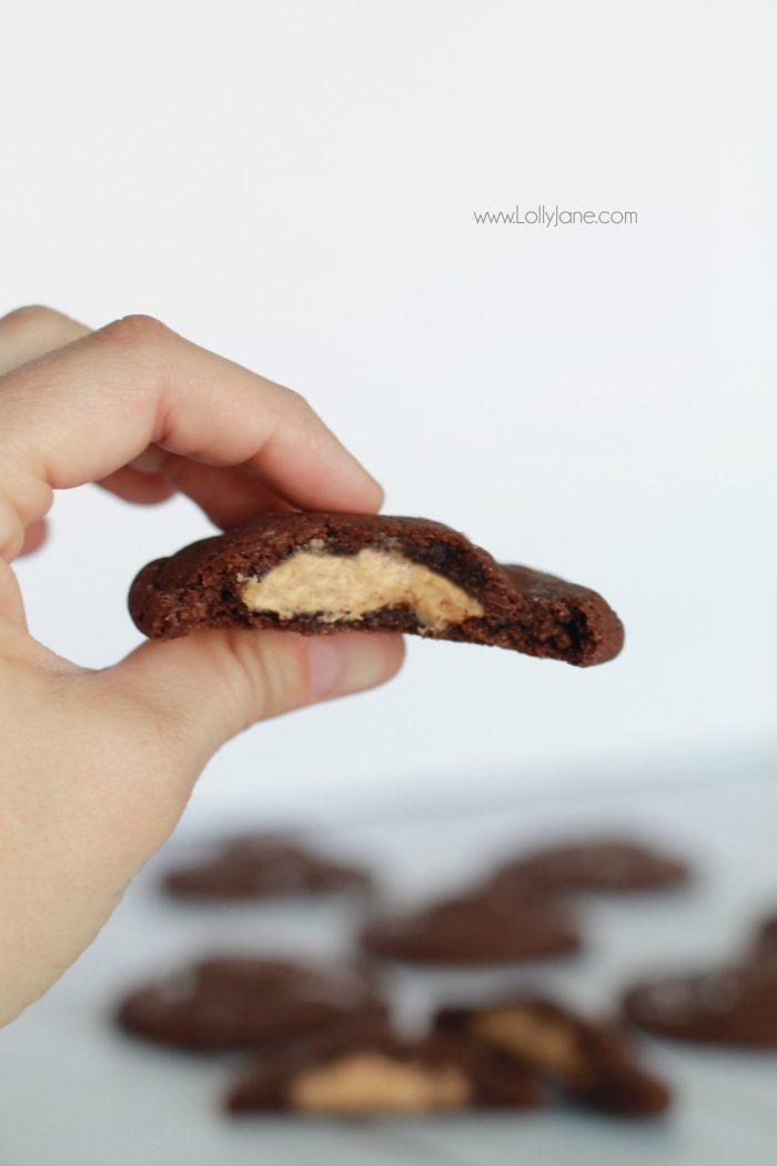 The best cookies! These peanut butter stuffed chocolate cookies are so easy to make and are so yummy! This is your go-to cookie recipe! Peanut butter fans will LOVE this!