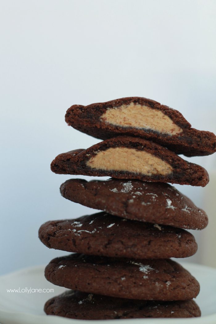 The best cookies! These peanut butter stuffed chocolate cookies are so easy to make and are so yummy! This is your go-to cookie recipe! Peanut butter fans will LOVE this!
