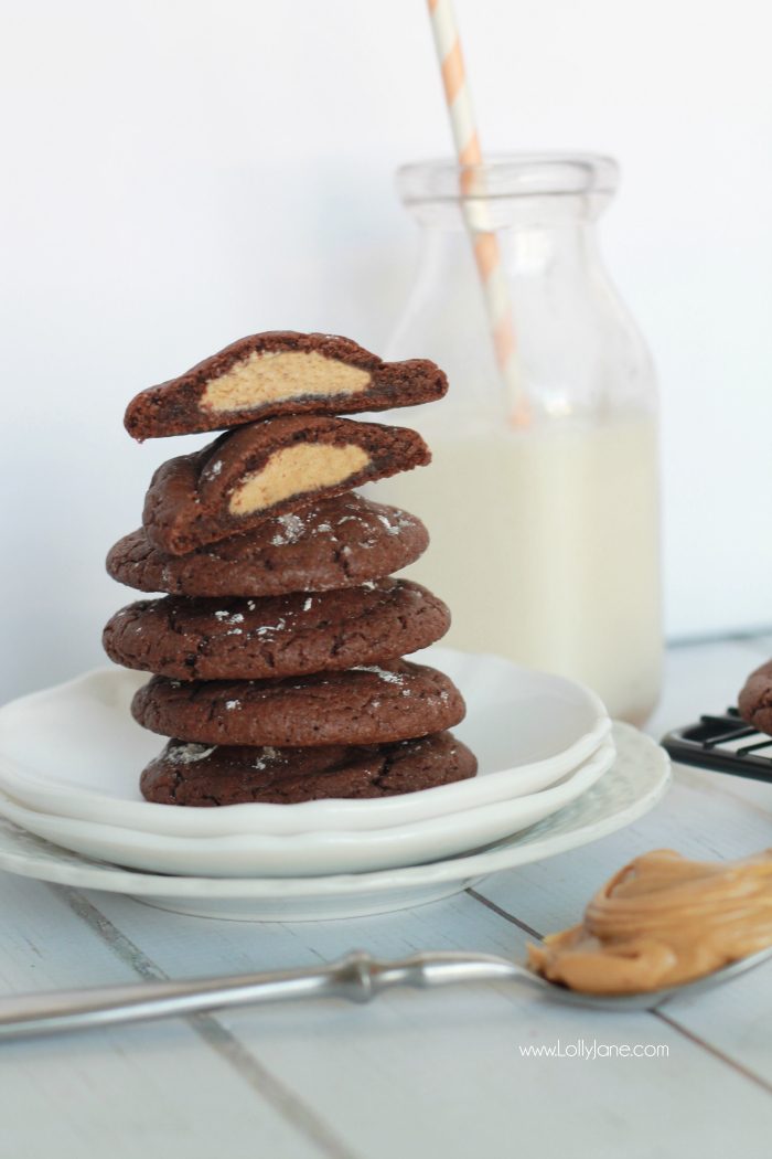 The best cookies! These peanut butter stuffed chocolate cookies are so easy to make and are so yummy! This is your go-to cookie recipe! Peanut butter fans will LOVE this!