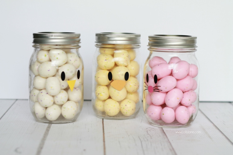 Easter bunny mason jars are a cute, DIY Easter decor idea.