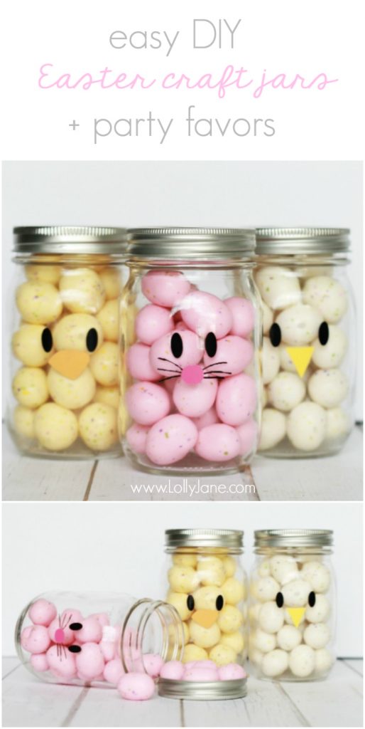 Adorable and EASY mason jar idea! Apply little faces to clear mason jars and fill with colorful candies to make quick Easter mason jar craft favors! Sooo cute!