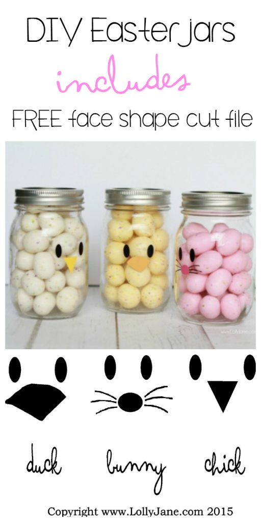 Adorable and EASY mason jar idea! Apply little faces to clear mason jars and fill with colorful candies to make quick Easter mason jar craft favors! Sooo cute! BONUS: free face cut shapes included!