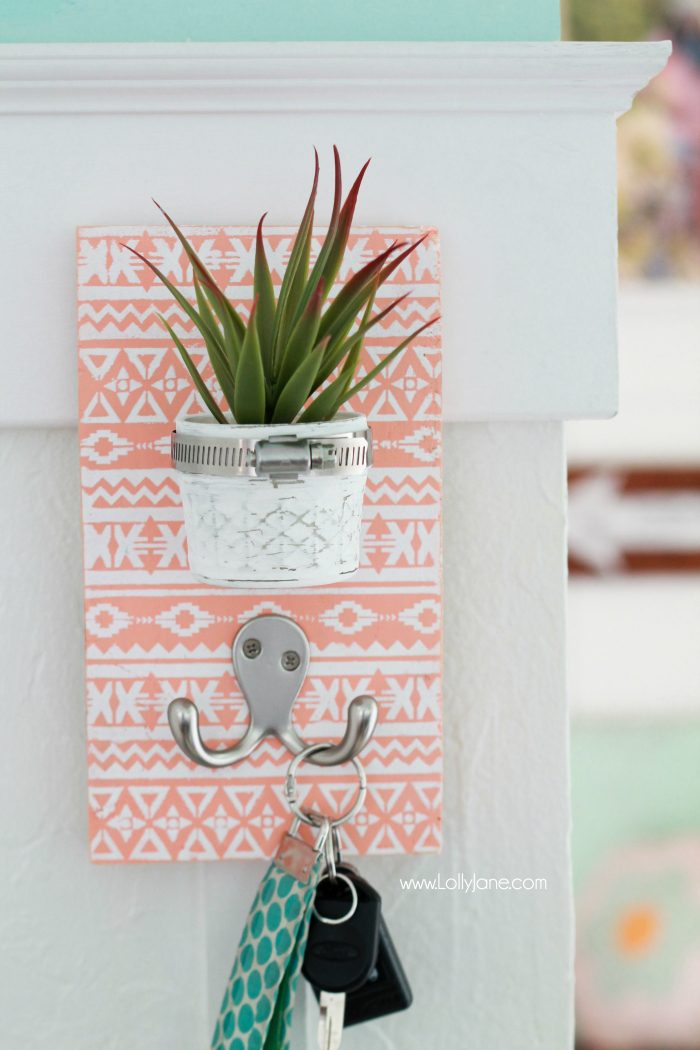 DIY Stenciled Succulent Potted Mason Jar Key Holder |via LollyJane.com