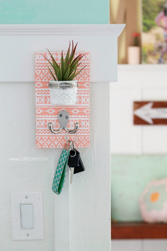 DIY Stenciled Succulent Potted Mason Jar Key Holder |via LollyJane.com