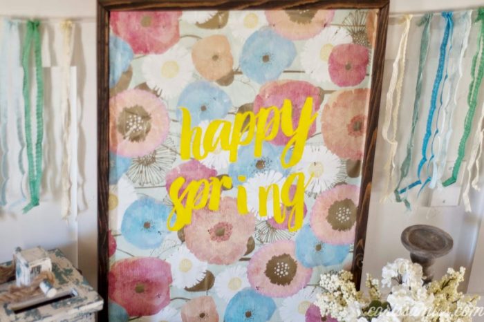 Happy Spring art, come see how easy it is to brighten up your home for spring! We love this DIY Happy Spring sign, cute Easter decor idea!