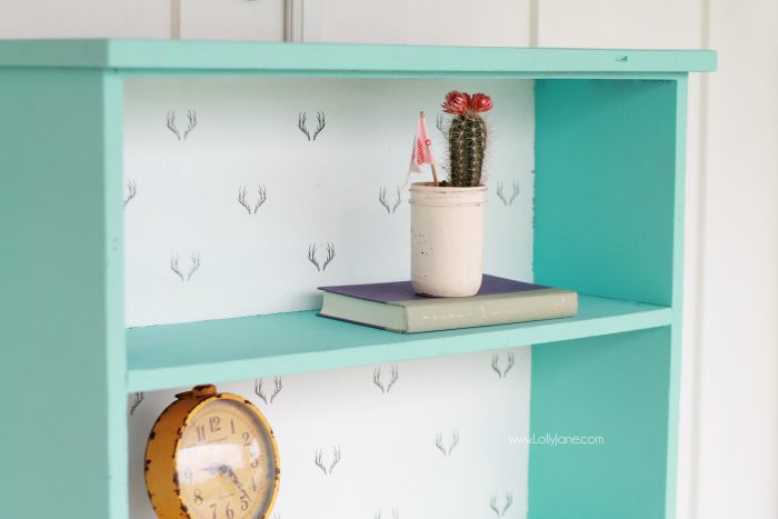 Gorgeous painted bookcase makeover! The before is unrecognizable! Chalk paint prettied this bookcase right up, plus a fun stamped backing to the inside shelves brightened it up! Antler stamped bookcase, so dang cute!