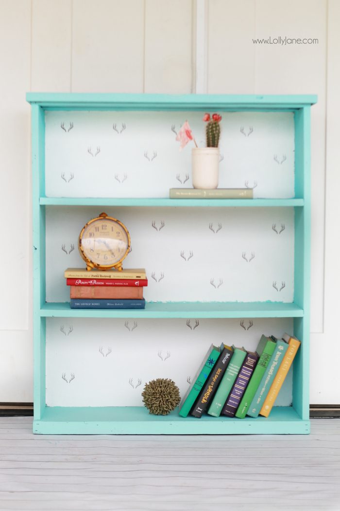 Gorgeous painted bookcase makeover! The before is unrecognizable! Chalk paint prettied this bookcase right up, plus a fun stamped backing to the inside shelves brightened it up! Antler stamped bookcase, so dang cute!