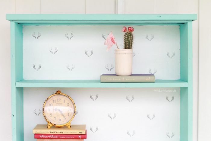 Gorgeous painted bookcase makeover! The before is unrecognizable! Chalk paint prettied this bookcase right up, plus a fun stamped backing to the inside shelves brightened it up! Antler stamped bookcase, so dang cute!
