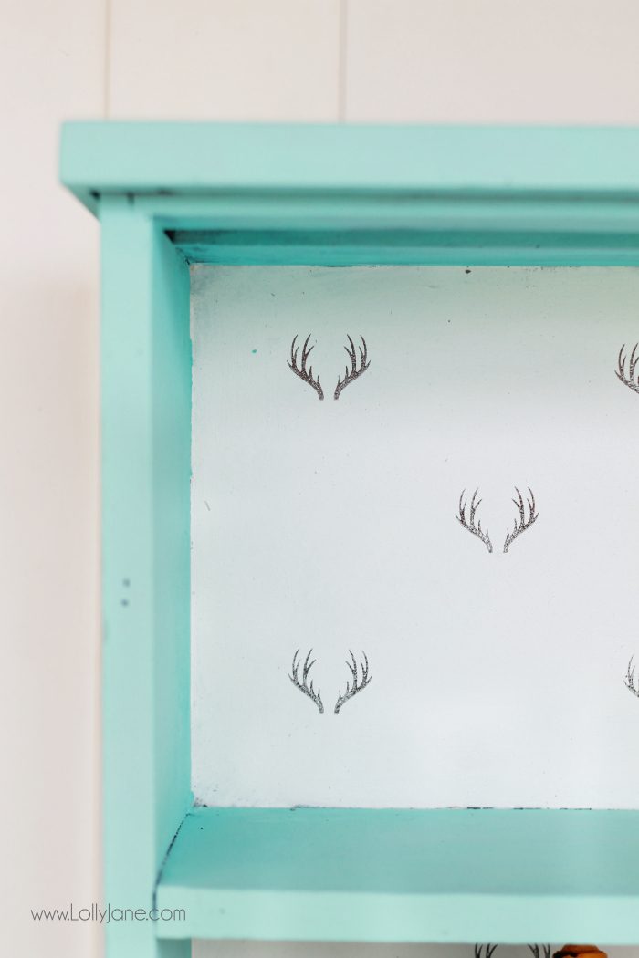 Gorgeous painted bookcase makeover! The before is unrecognizable! Chalk paint prettied this bookcase right up, plus a fun stamped backing to the inside shelves brightened it up! Antler stamped bookcase, so dang cute!