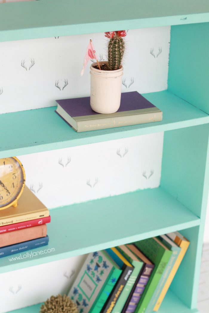 Gorgeous painted bookcase makeover! The before is unrecognizable! Chalk paint prettied this bookcase right up, plus a fun stamped backing to the inside shelves brightened it up! Antler stamped bookcase, so dang cute!