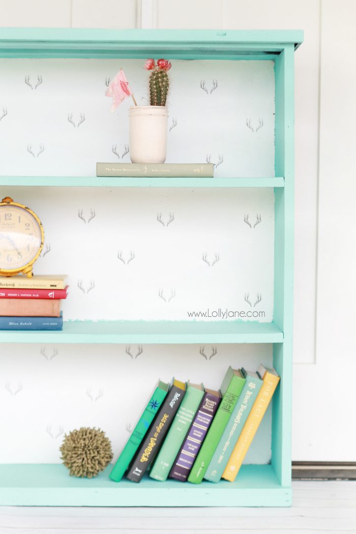 Gorgeous painted bookcase makeover! The before is unrecognizable! Chalk paint prettied this bookcase right up, plus a fun stamped backing to the inside shelves brightened it up! Antler stamped bookcase, so dang cute!