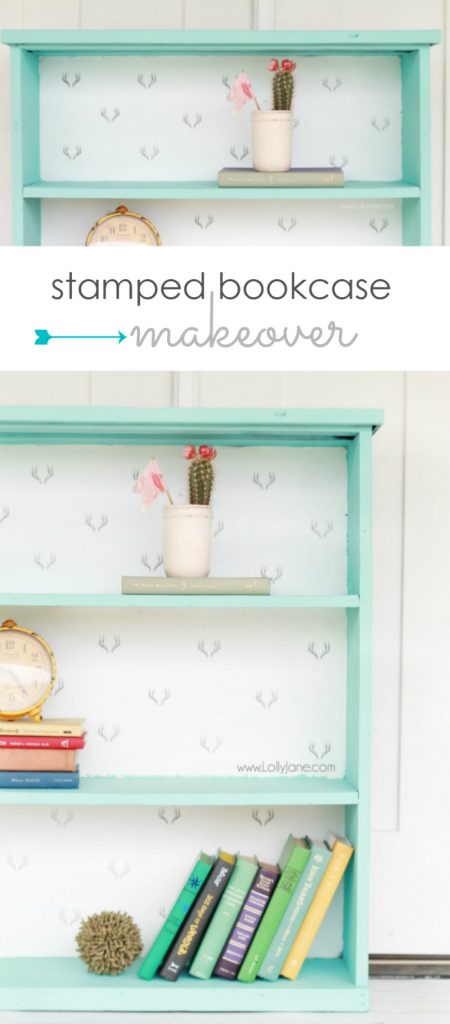 Gorgeous painted bookcase makeover! The before is unrecognizable! Chalk paint prettied this bookcase right up, plus a fun stamped backing to the inside shelves brightened it up! Antler stamped bookcase, so dang cute!